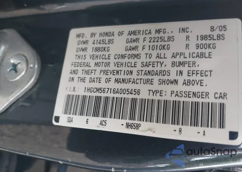 2006 Honda Accord 2.4 Ex from USA, damaged, VIN 1HGCM56716A005456